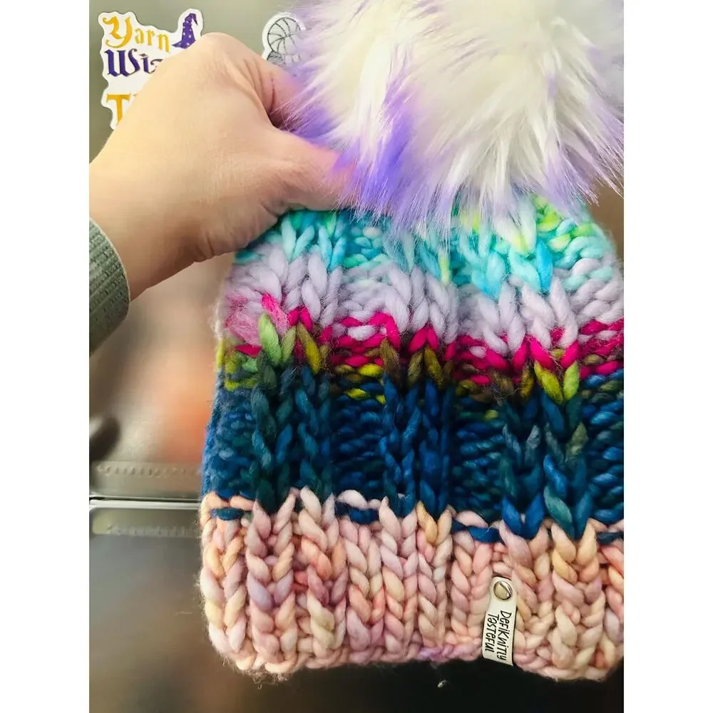 Handmade Neon Merino Wool Beanie: Colorful Winter Hat with Faux Fur Pom